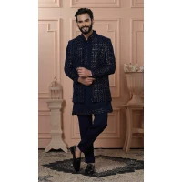 Mens Wear Indo Western Navy Blue Velvet Embroidery - 13277211942