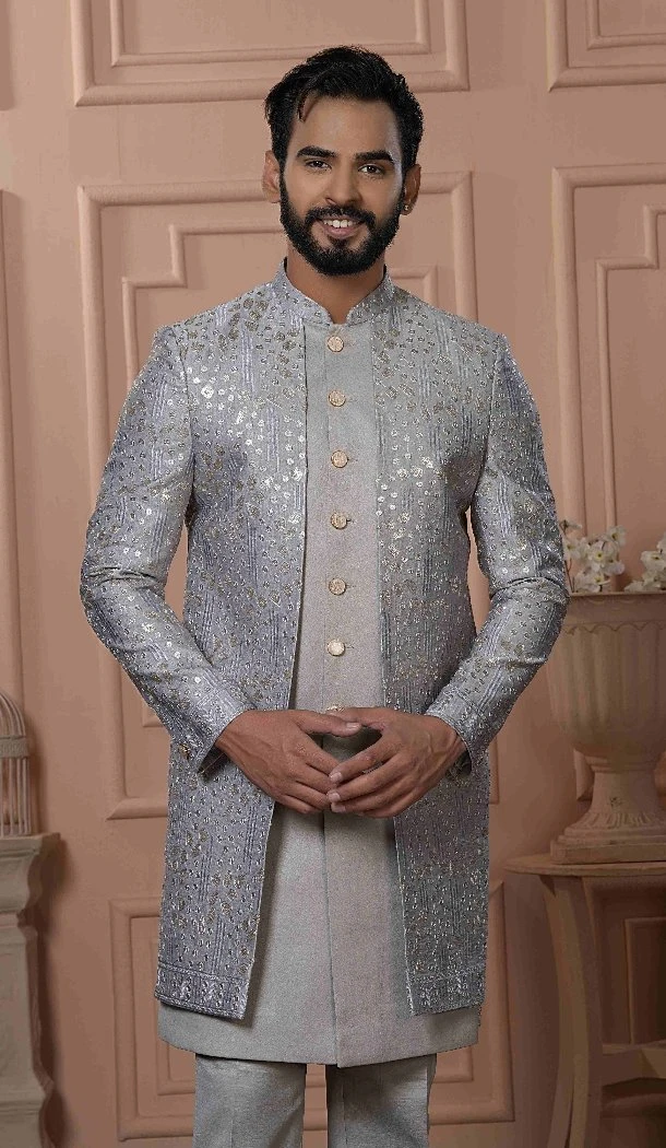 Men Silk embroidery Mens Wear Indo Western Gray - 13277211943