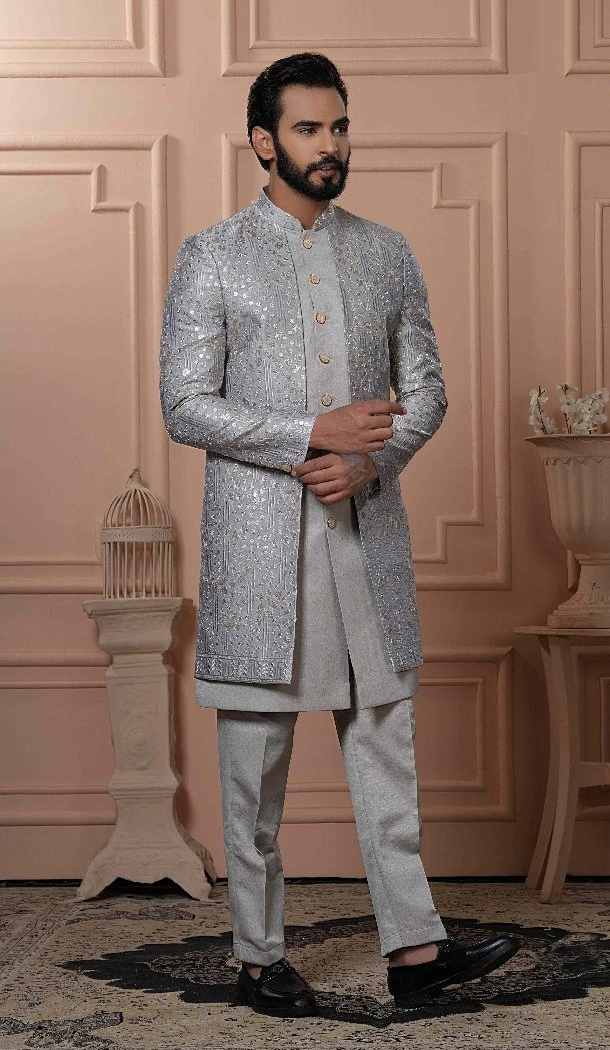 Men Silk embroidery Mens Wear Indo Western Gray - 13277211943