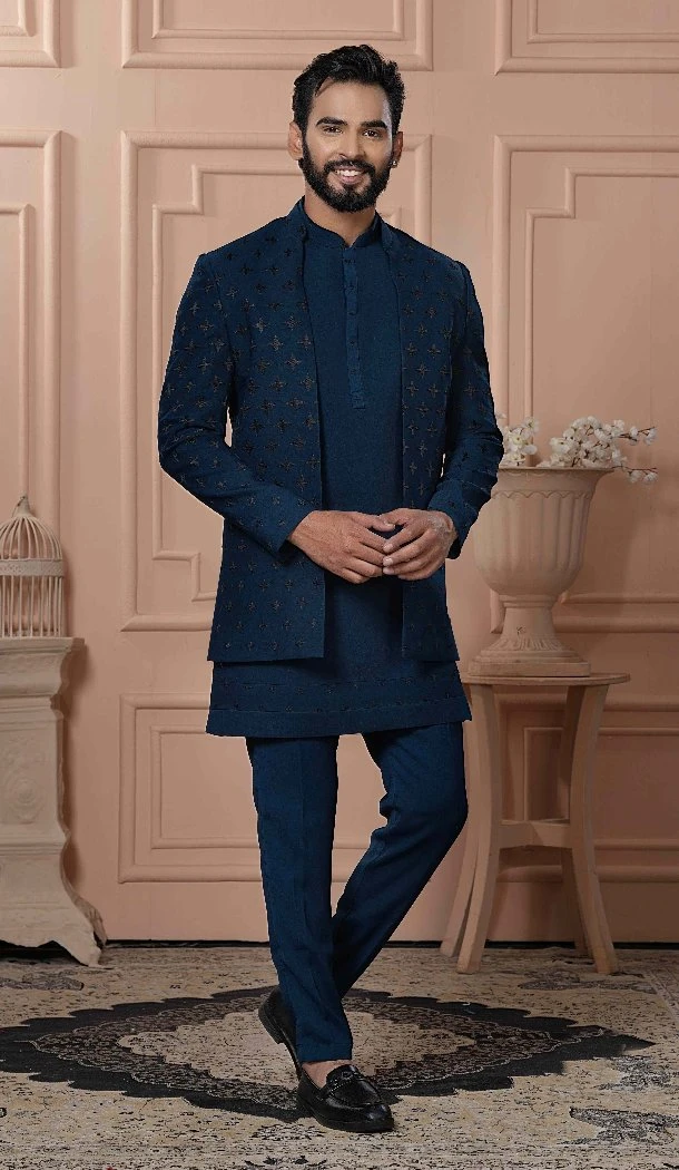 Mens Wear Indo Western Peacock blue Imported Embroidery - 13277211945