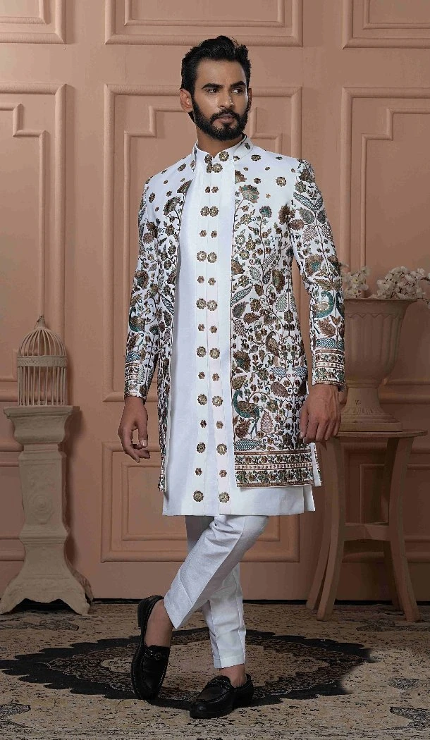 Men Silk embroidery White Mens Wear Indo Western - 13277211946