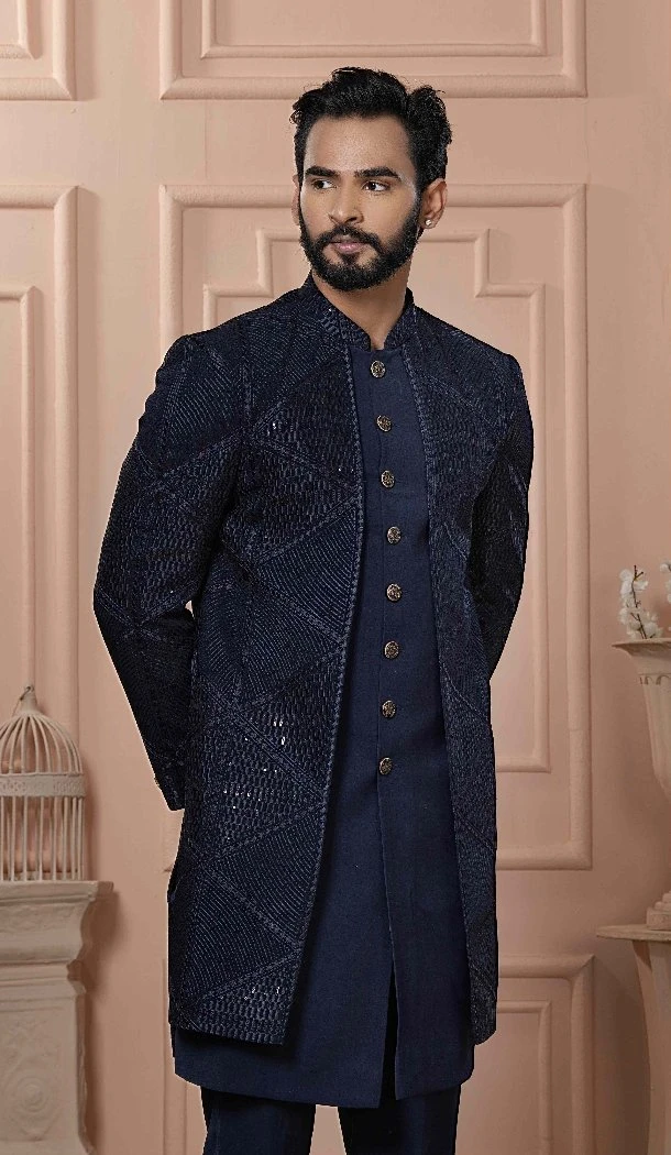 Men Imported Embroidery Mens Wear Indo Western Navy Blue - 13277211947