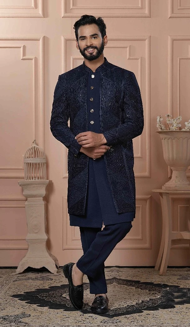 Men Imported Embroidery Mens Wear Indo Western Navy Blue - 13277211947