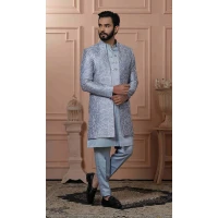 Men Gray Sequence Embroidery Mens Wear Indo Western - 13277211949