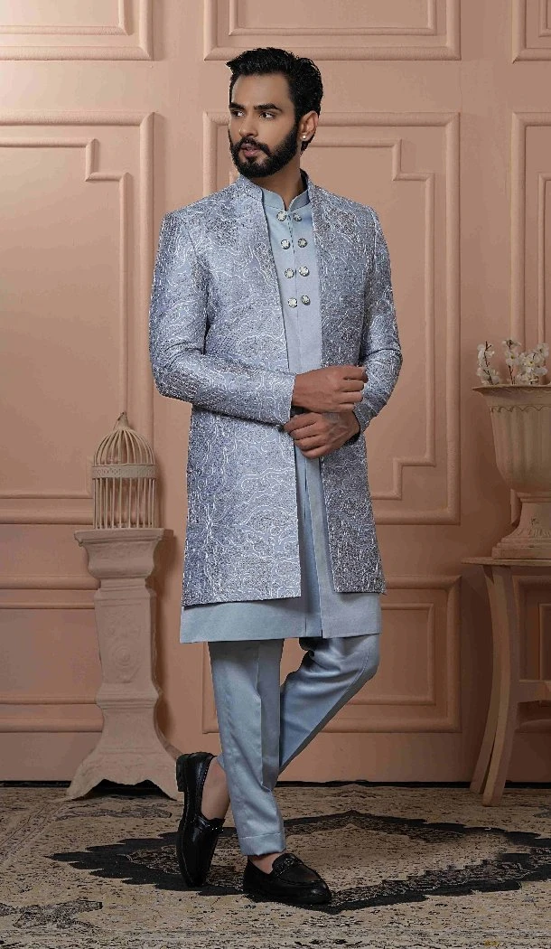 Men Gray Sequence Embroidery Mens Wear Indo Western - 13277211949