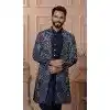 Men Silk Shaded Bids Work Embroidery Shaded Blue Mens Wear Indo Western Plus Size