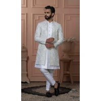 Men Georgette Sequence Embroidery Light Sky Blue Mens Wear Indo Western - 13277211951