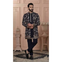 Men Georgette Sequence Embroidery Navy Blue Mens Wear Indo Western - 13277211952
