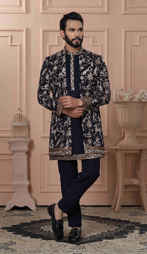 Men Georgette Sequence Embroidery Navy Blue Mens Wear Indo Western - 13277211952