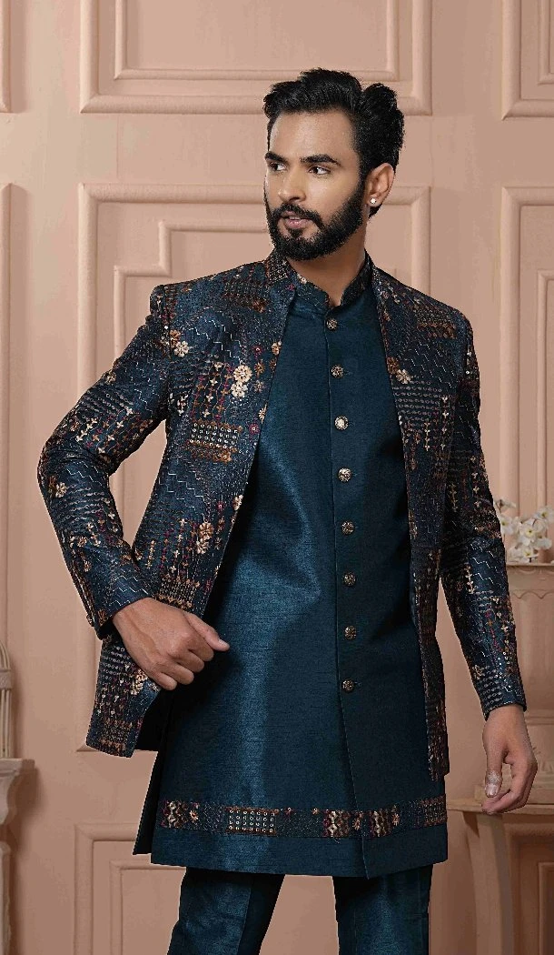 Men Silk embroidery Mens Wear Indo Western Peacock Rama - 13277211955
