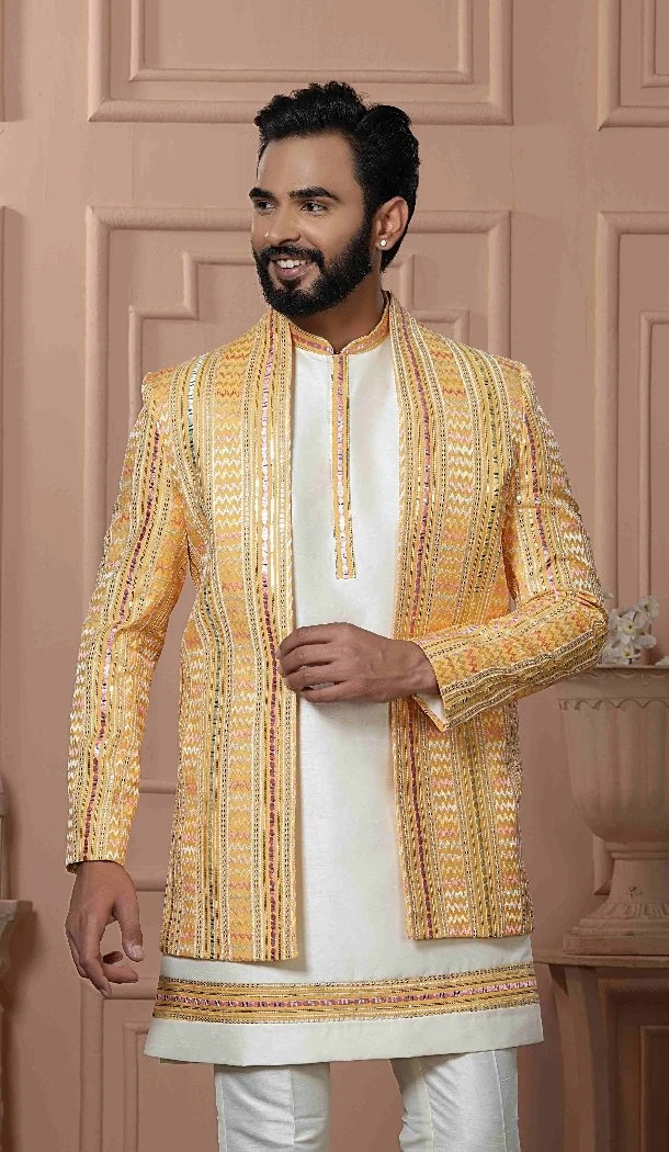Mens Wear Indo Western Yellow Silk embroidery - 13277211956