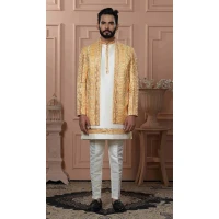 Mens Wear Indo Western Yellow Silk embroidery - 13277211956