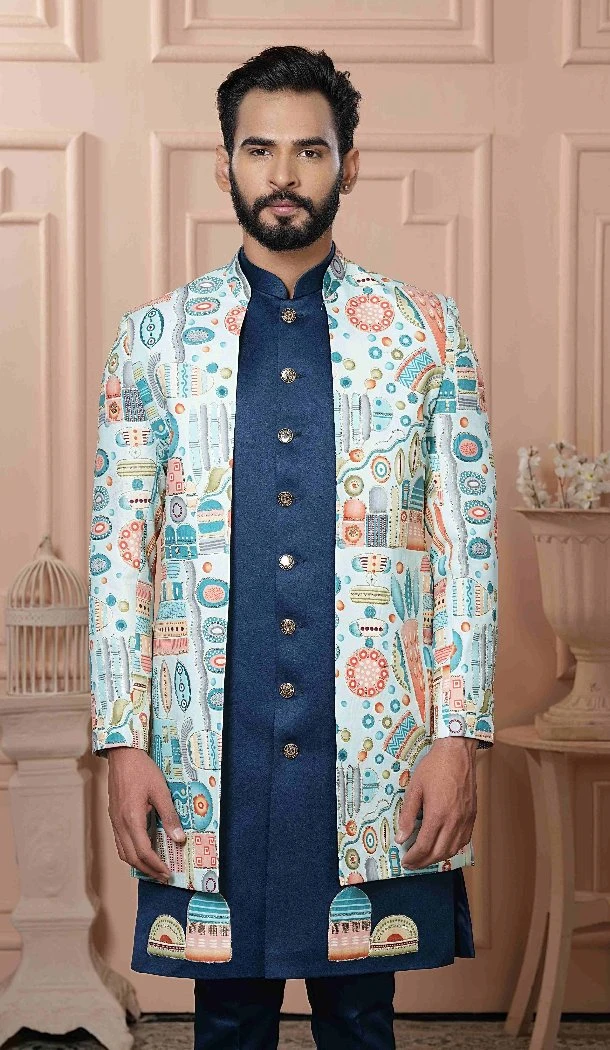 Mens Wear Indo Western Light Sky Multiu color Silk Position Print - 13277211958