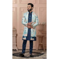 Mens Wear Indo Western Light Sky Multiu color Silk Position Print - 13277211958