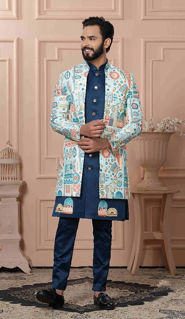 Mens Wear Indo Western Light Sky Multiu color Silk Position Print - 13277211958