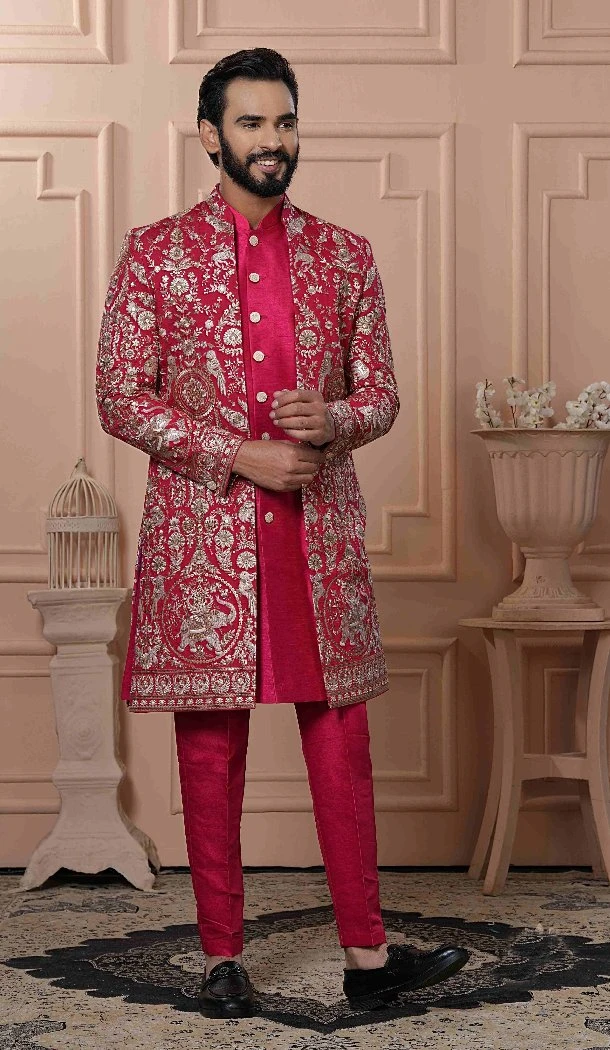 Men Silk embroidery Hot Pink Mens Wear Indo Western - 13277211959