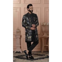 Men Black Sartin Embroidery Mens Wear Indo Western - 13277211960