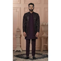 Mens Wear Indo Western Velvet Embroidery Wine - 13277211962