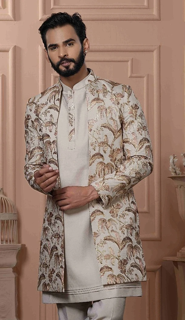 Men Beige Soft Silk Foil Embroidery Mens Wear Indo Western - 13277211963