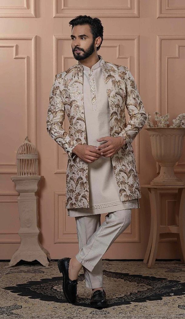 Men Beige Soft Silk Foil Embroidery Mens Wear Indo Western - 13277211963