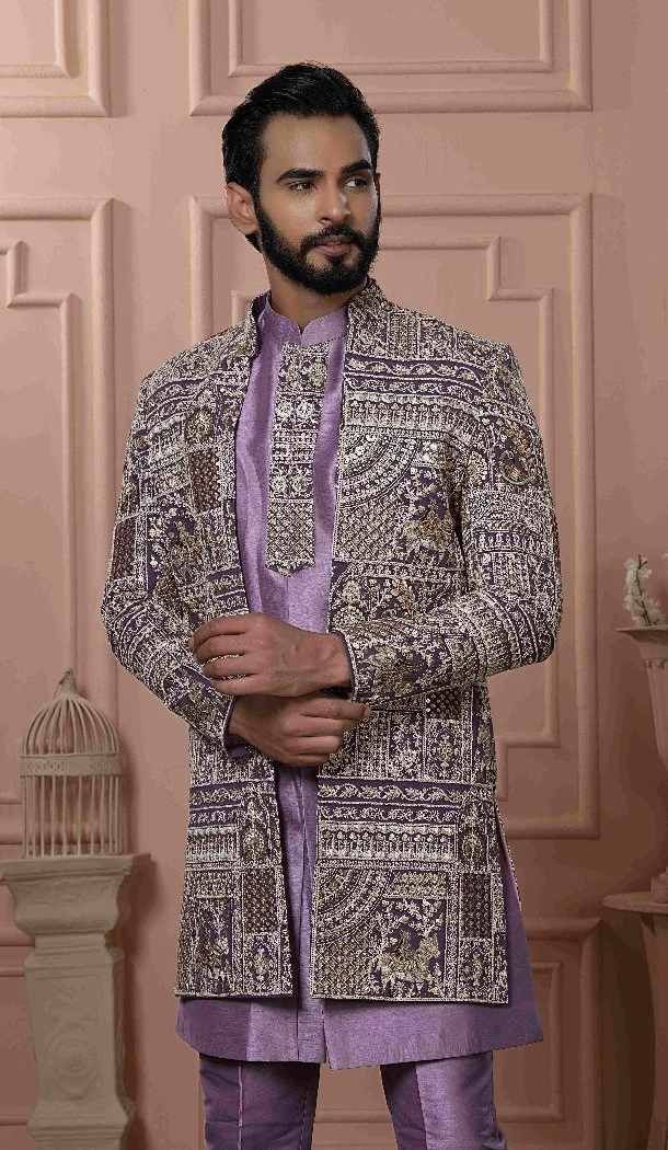 Men Georgette Sequence Embroidery Mens Wear Indo Western Majenta - 13277211964