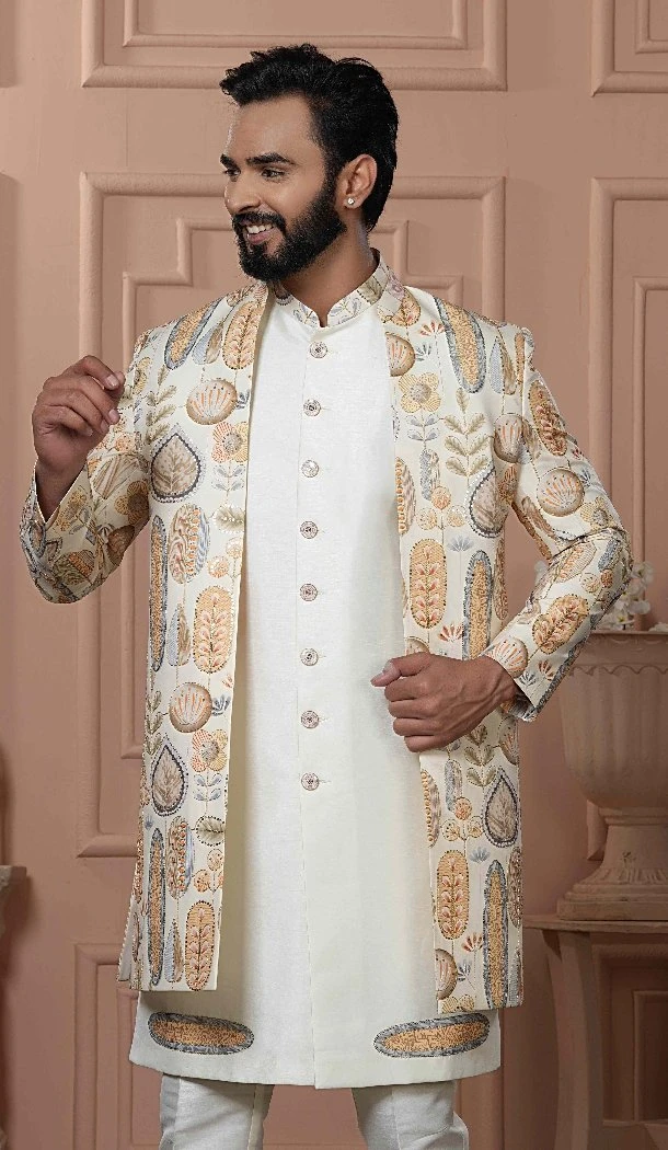 Men Cream Mens Wear Indo Western Silk Position Print - 13277211966