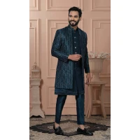 Mens Wear Indo Western Rama Blue Silk embroidery - 13277211967