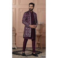 Mens Wear Indo Western Wine Soft Silk Embroidery - 13277211969