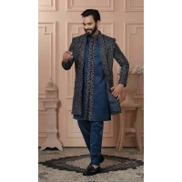 Men Peacock blue Mens Wear Indo Western Velvet Embroidery - 13277211970
