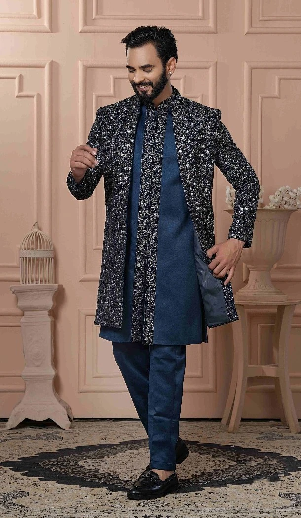 Men Peacock blue Mens Wear Indo Western Velvet Embroidery - 13277211970