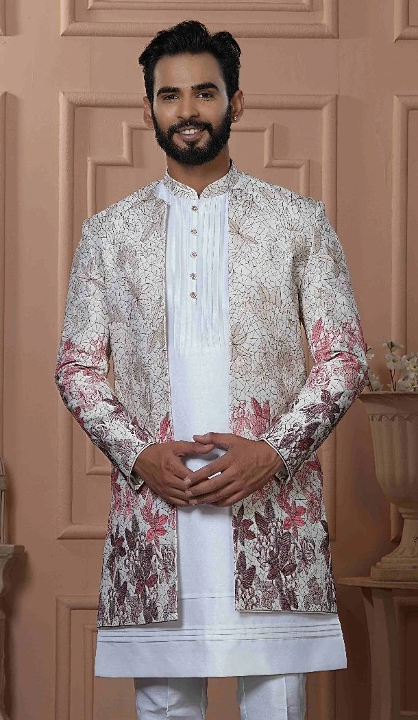 Mens Wear Indo Western Shaded Cream to Wine Silk Shaded Embroidery - 13277211971