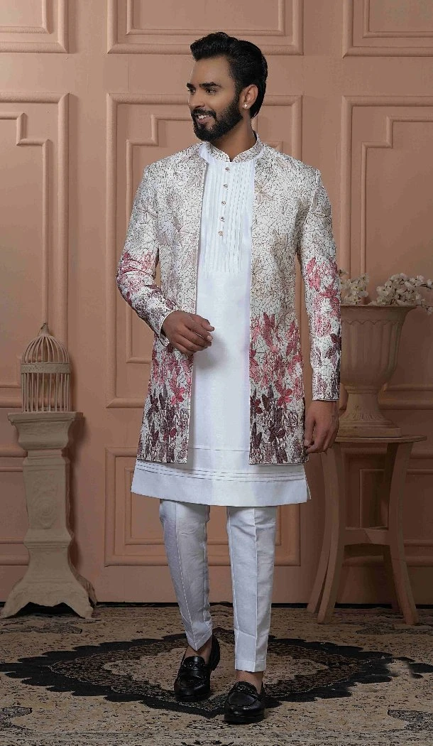 Mens Wear Indo Western Shaded Cream to Wine Silk Shaded Embroidery - 13277211971