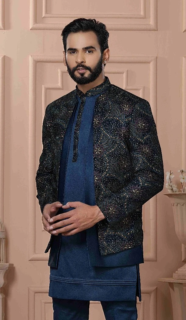 Men Velvet Embroidery Mens Wear Indo Western Peacock blue - 13277211972
