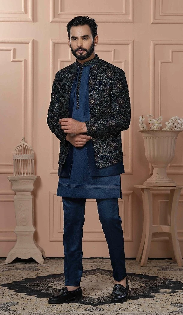 Men Velvet Embroidery Mens Wear Indo Western Peacock blue - 13277211972