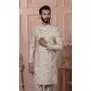 Mens Wear Indo Western Natural Cream Cotton Based Semi Linen Embroidery Plus Size