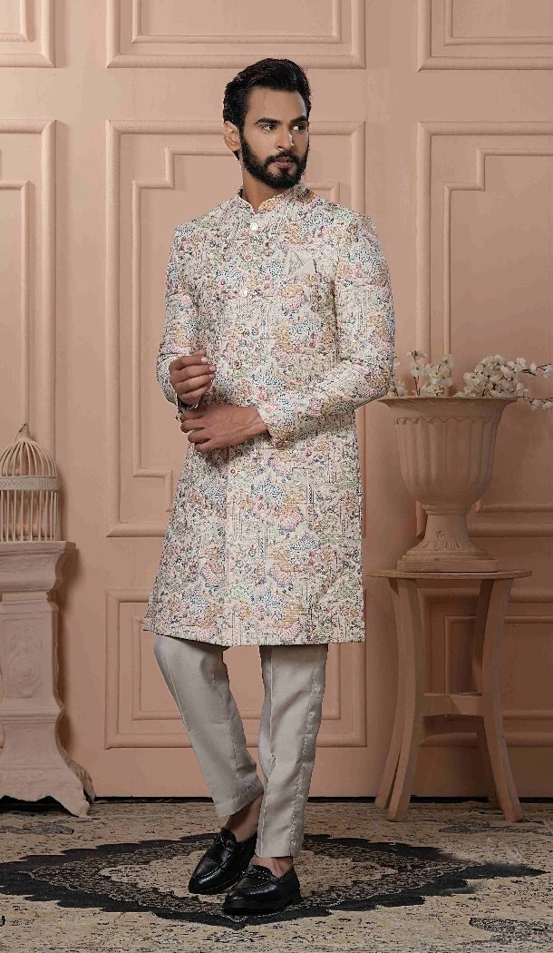 Mens Wear Indo Western Natural Cream Cotton Based Semi Linen Embroidery - 13277211973