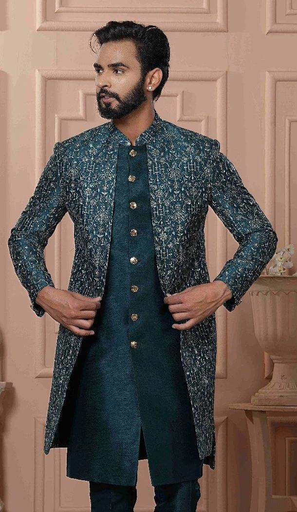 Men Green Mens Wear Indo Western Silk sequence Embroidery - 13277211974