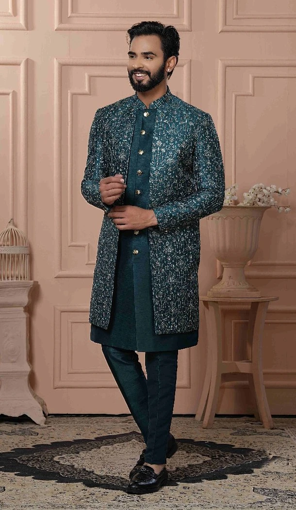 Men Green Mens Wear Indo Western Silk sequence Embroidery - 13277211974