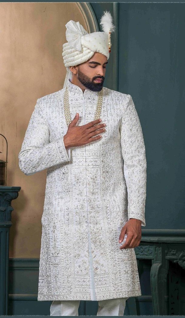 Men Ethnic Wedding Sherwani Silk Embroidery Off white - 13278211982
