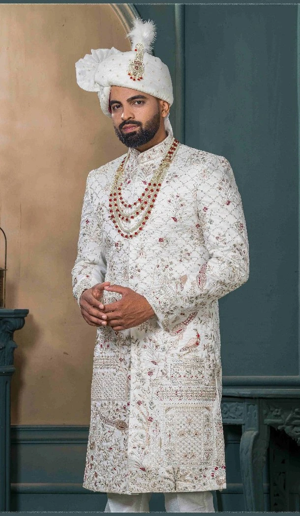 Men Ethnic Wedding Sherwani Off white Silk Embroidery - 13278211985
