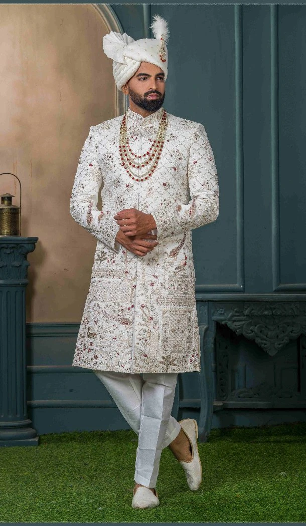 Men Ethnic Wedding Sherwani Off white Silk Embroidery - 13278211985