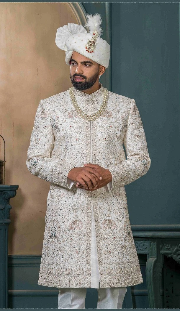 Men Silk Off white Embroidery Ethnic Wedding Sherwani - 13278211986