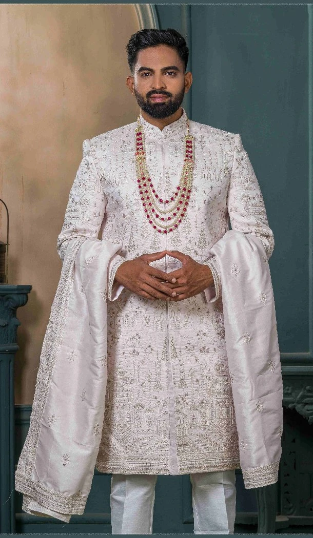 Men Silk Light Pink Embroidery Ethnic Wedding Sherwani - 13278211987