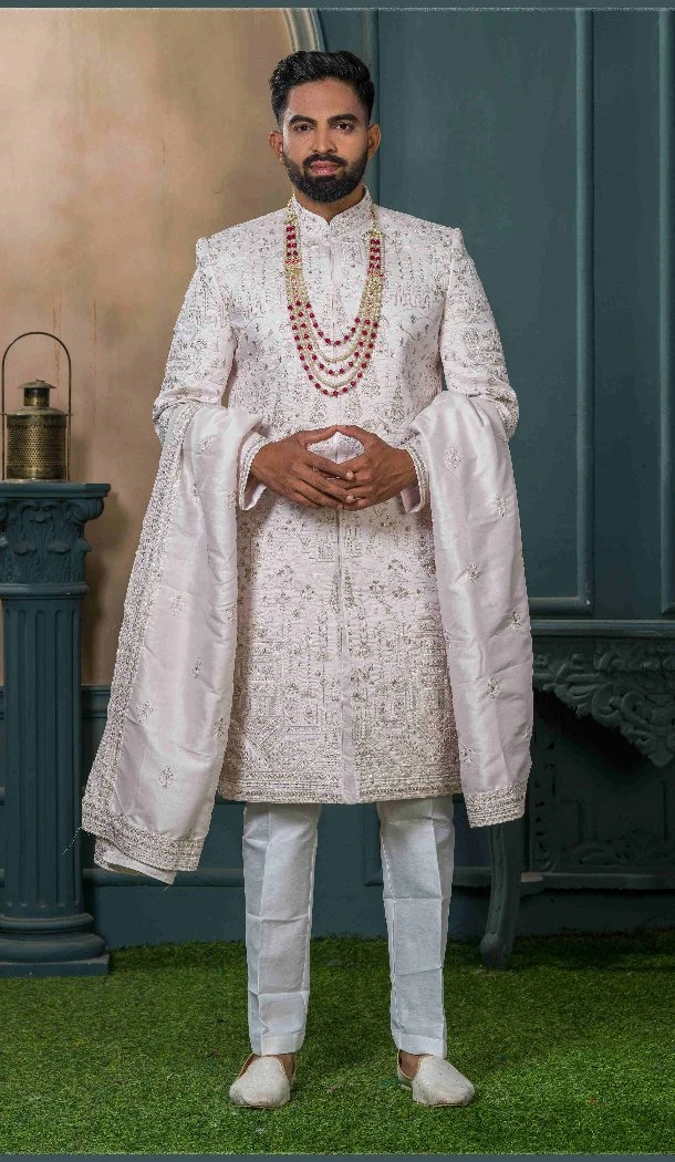 Men Silk Light Pink Embroidery Ethnic Wedding Sherwani - 13278211987