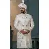 Men Embroidery Silk Ethnic Wedding Sherwani Cream Plus Size
