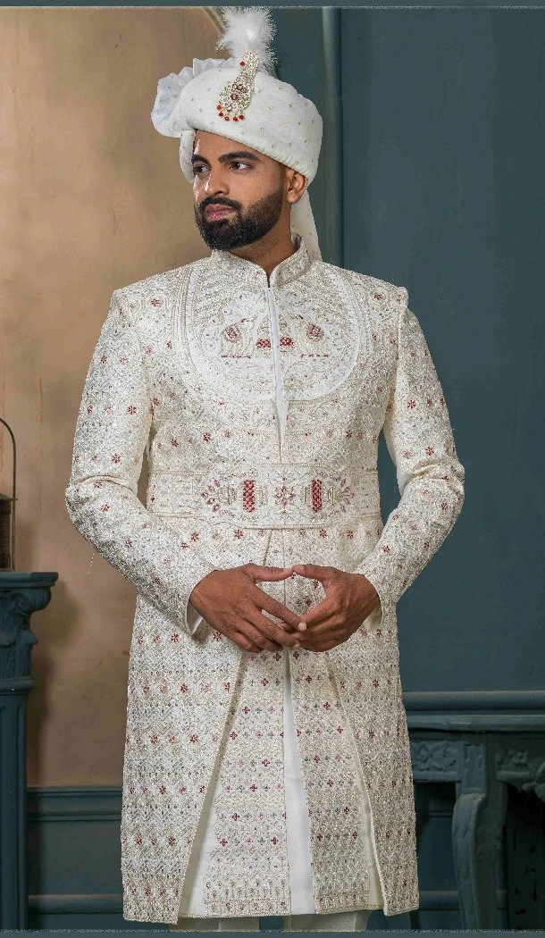 Men Embroidery Silk Ethnic Wedding Sherwani Cream - 13278211988
