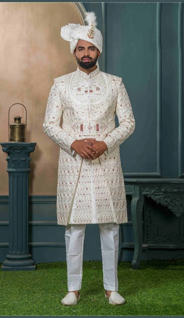 Men Embroidery Silk Ethnic Wedding Sherwani Cream - 13278211988