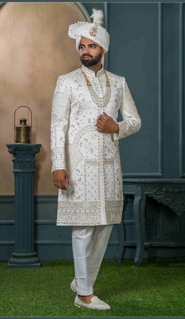 Men Ethnic Wedding Sherwani Off white Silk Embroidery - 13278211989