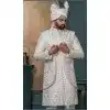 Men Embroidery Off white Silk Ethnic Wedding Sherwani Plus Size