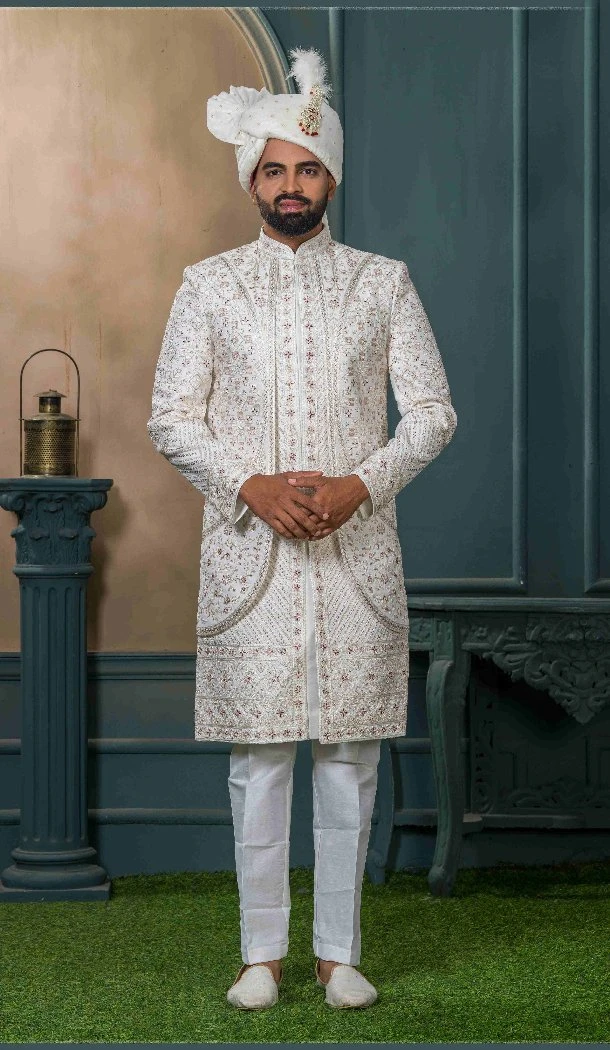 Men Embroidery Off white Silk Ethnic Wedding Sherwani - 13278211990